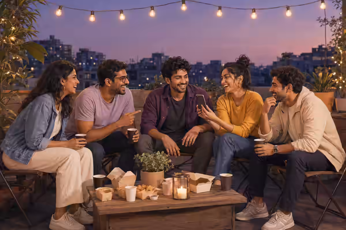 The recurring host laughing with old college friends around a rooftop table at dusk.