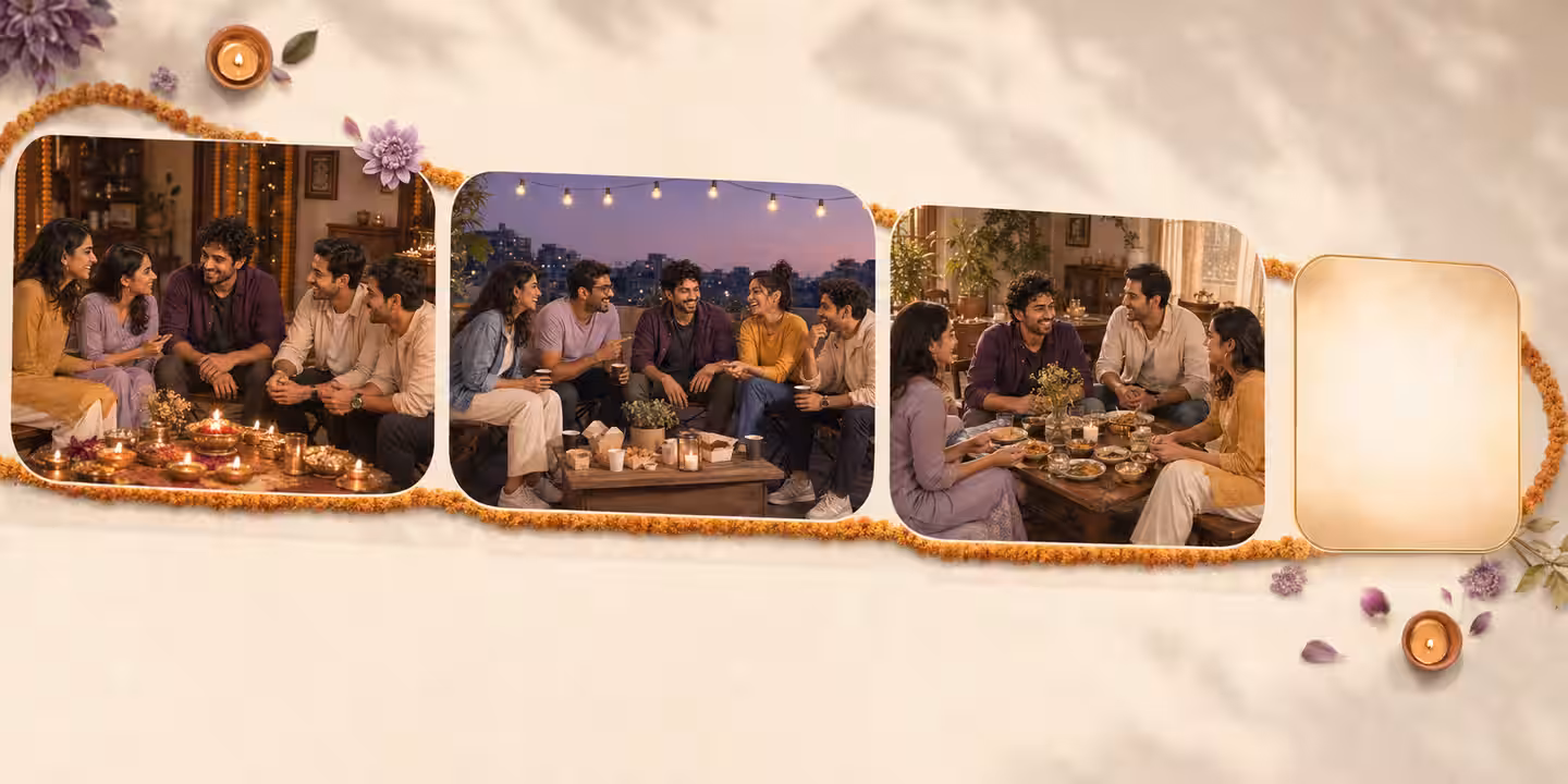 The same circle sharing Diwali, New Year and Sunday lunch, connected as one growing story.